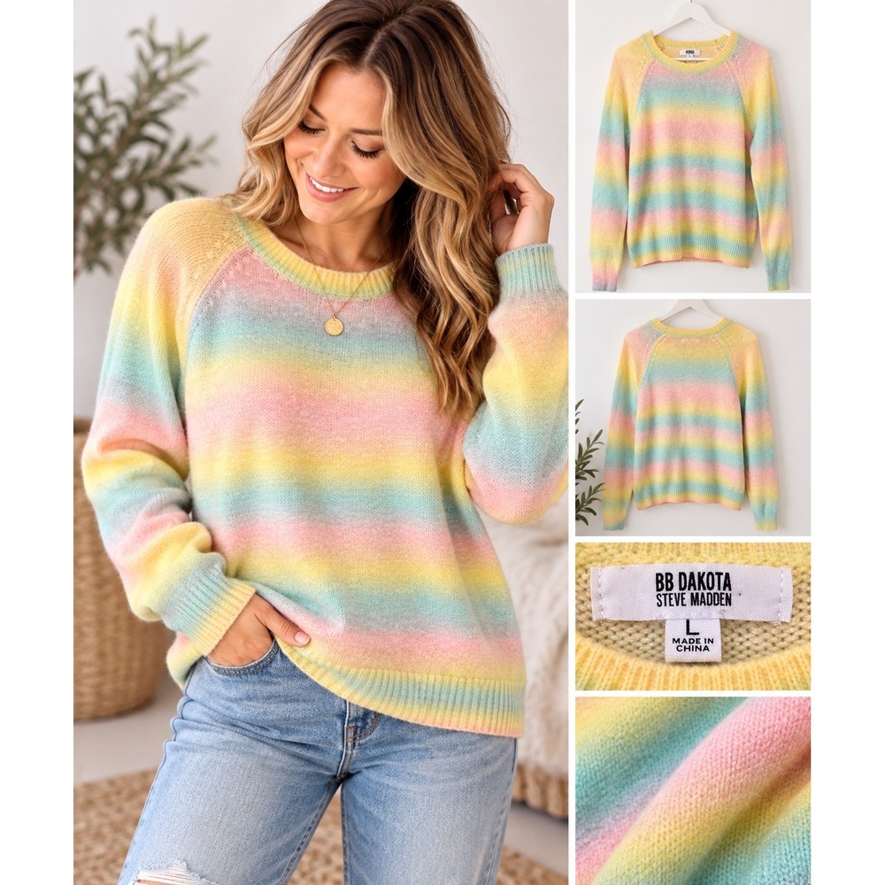 BB DAKOTA STEVE MADDEN Rainbow Striped Fuzzy Knit Sweater Women's Large
